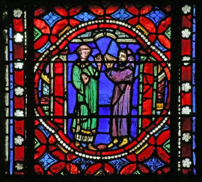 Window depicting Scene from the life of Saint Bonnet: Saint on the Journey to Rome receiving Refreshments from the Abbot of the Monastery on Isle Barbe by French School